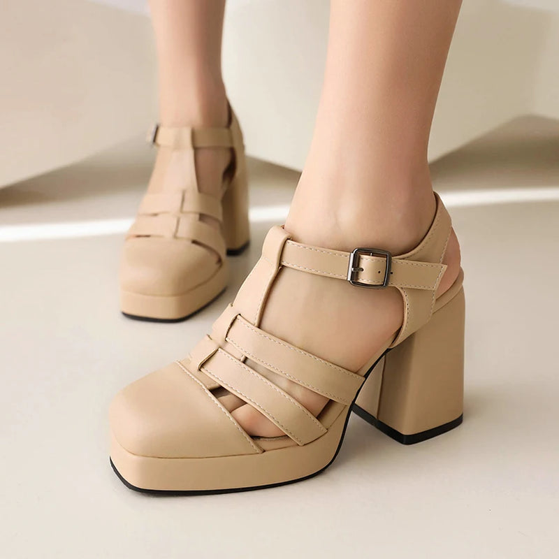 Back Strap Ankle Buckle Breathable Women Sandals High Thick Heel Sandals