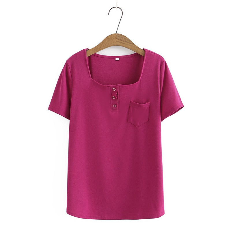 Women Summer Small Pocket With Square Collar Tees Short Sleeve Tops Oversized Curve Clothes