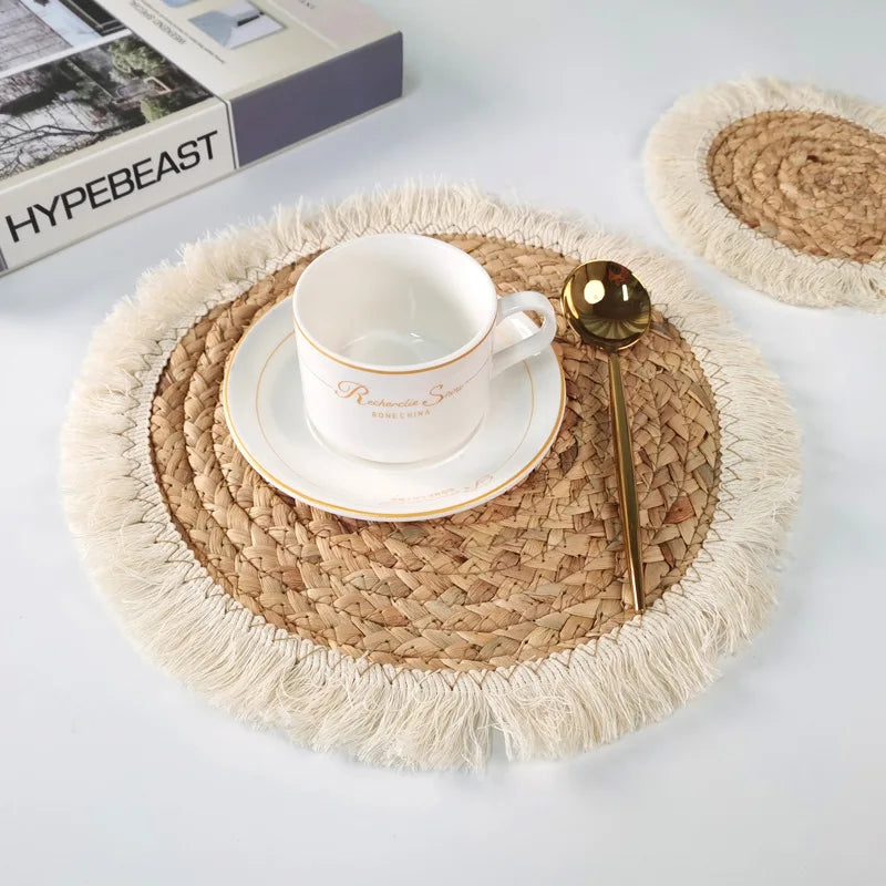 Woven Western restaurant table mat with thickened insulated fringe edge coasters