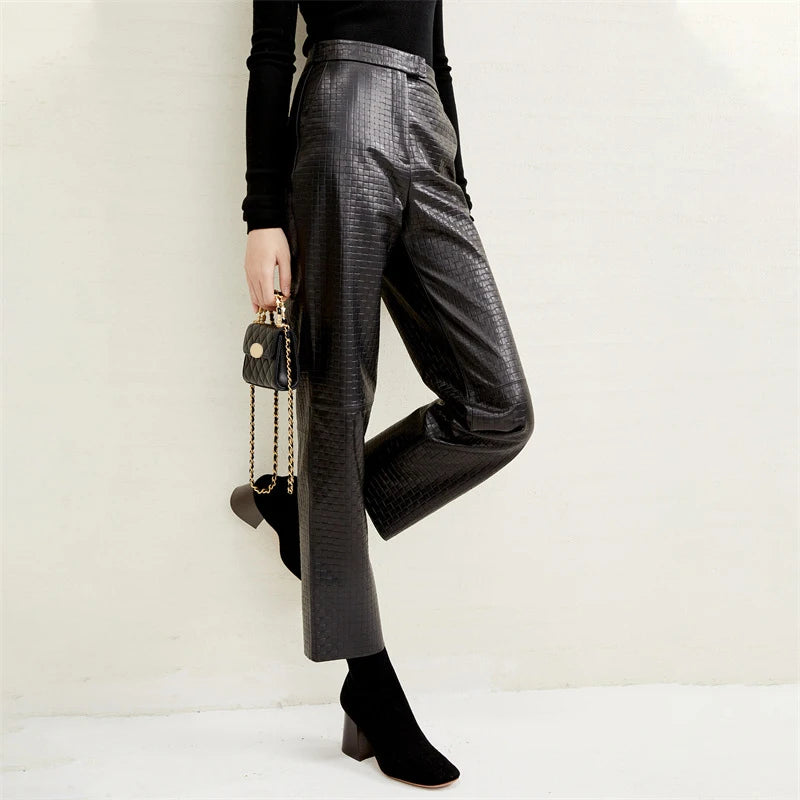 Women Leather Trousers Winter Female Chic Embossed Straight Pencil Pants Streetwear