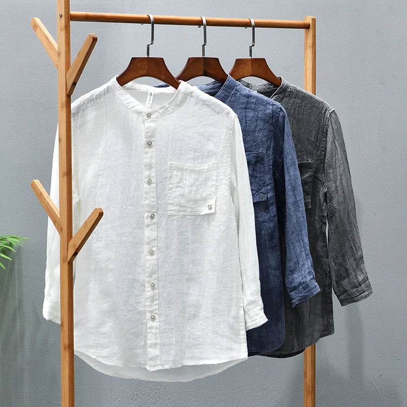 Linen Casual Worn Seven Sleeve Shirt Men Style Stand Collar Solid Comfortable Tops Shirt Male Clothes