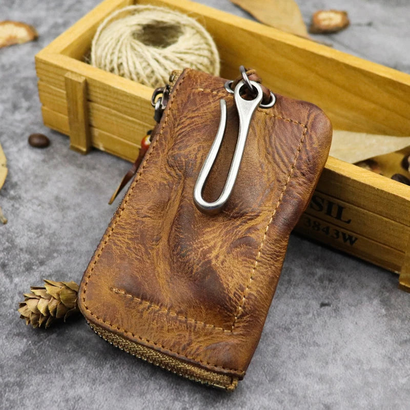 Unisex Retro Real Leather Key Bag Zipper Key Card Bag Door Car Key Holder Organizer Pouch