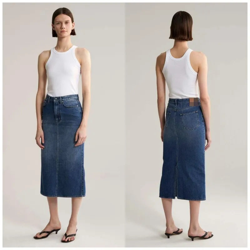 Nordic Sweden Wash Versatile Sexy Split Mid Length Half Skirt Minimalist Style