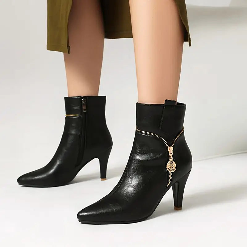 Women Ankle Boots Pointed Toe Thin Heels 8.5cm Zipper Metal Decoration