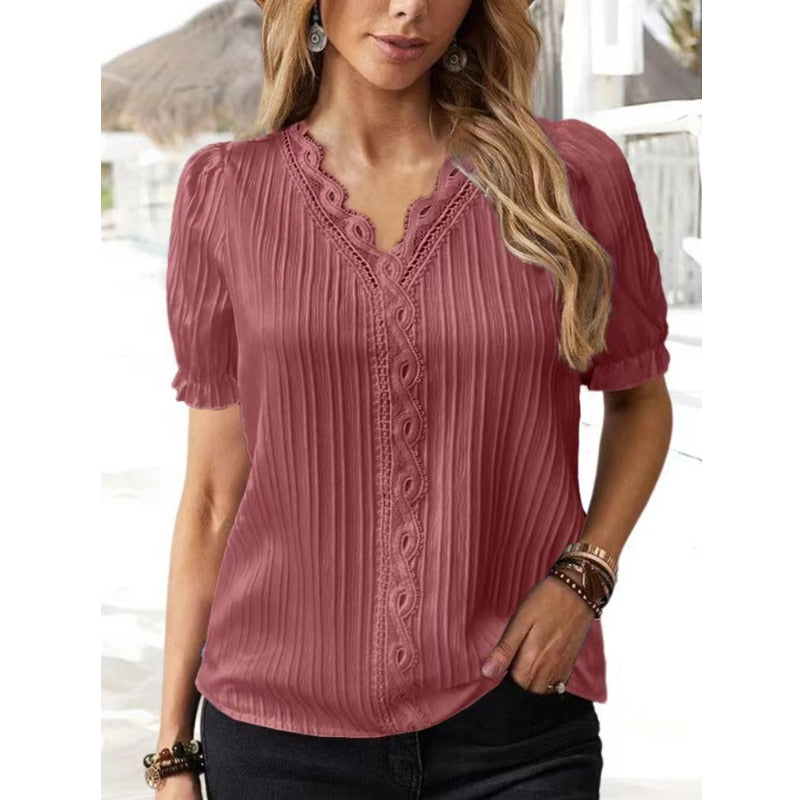 V-neck Elegant Summer Blouse Women Lace Hollow Out Short Sleeve Tops Loose Ladies Office Simple Casual Shirts