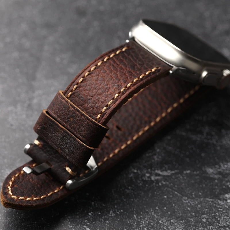 Handmade Dark Retro Style Strap For Apple Watch S9 S8 Ultra2 Lychee Soft Leather Strap Men