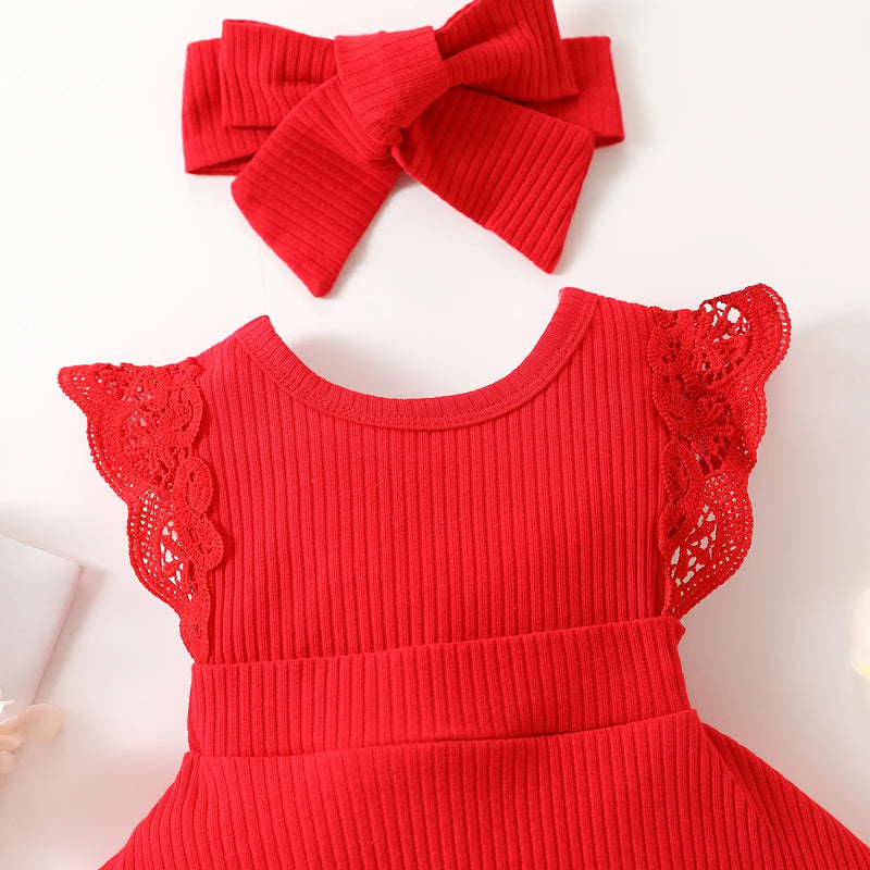 Baby Summer Clothing Infant Baby Girl Clothes Rib Lace Fly Sleeve Jumpsuit Romper Headband