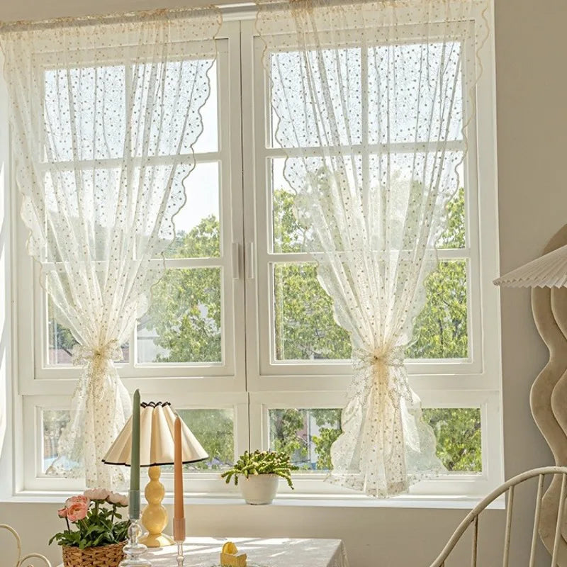 Lace Curtain Short Curtain Cream Embroidery Floating Window Covering  Door Curtain Partition