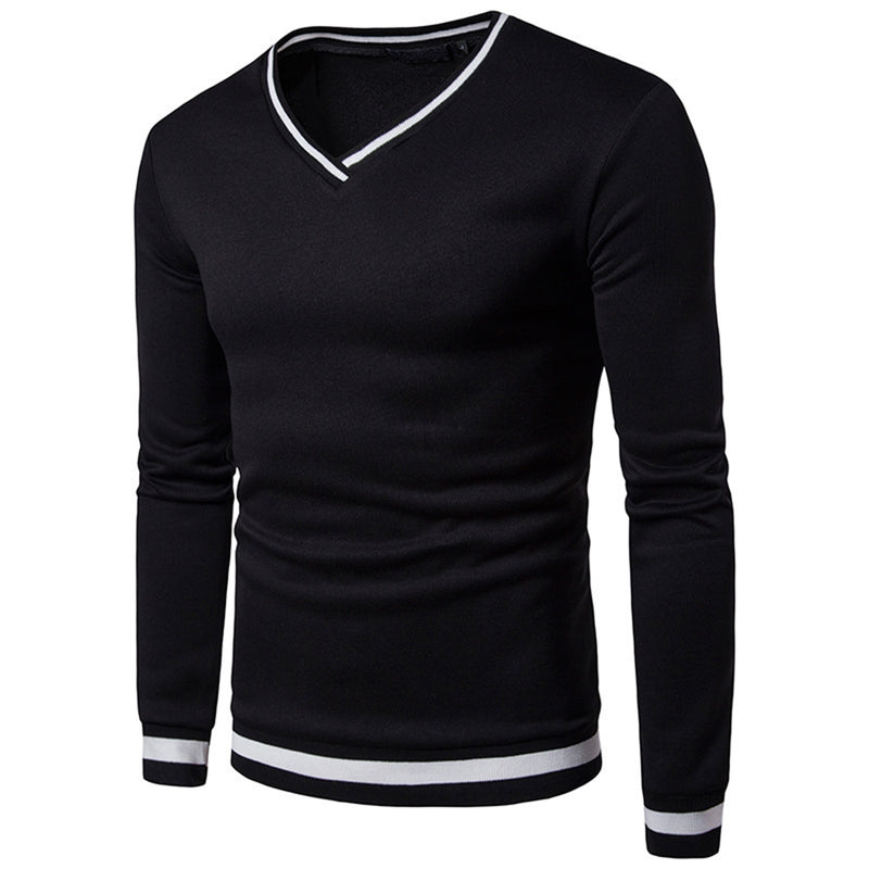 Mens Warm Clothing Contrast Color Striped Hem V Neck Pullover Casual Winter Autumn Sweatshirt Long Sleeve Slim Fit T-shirt