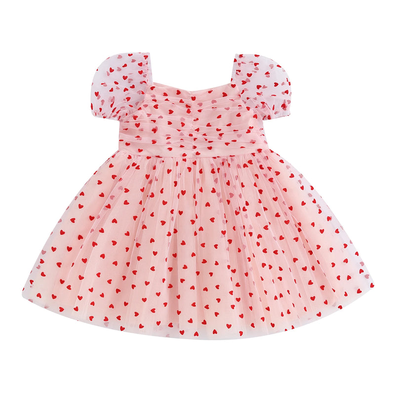 Summer Valentine’s Day Kids Baby Girls Dress Short Puff Sleeve Heart Tulle Dress Cute Princess Dress