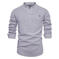 Men Linen Shirt Casual Solid Breathable Top Embroidered Standing Neck Slim Fit Shirt