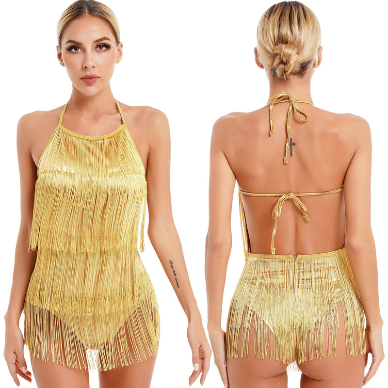 Womens Latin Samba Dance Costume Lace-up Halter Tassel Bodysuit Backless Fringed Jumpsuit Party Dancewear