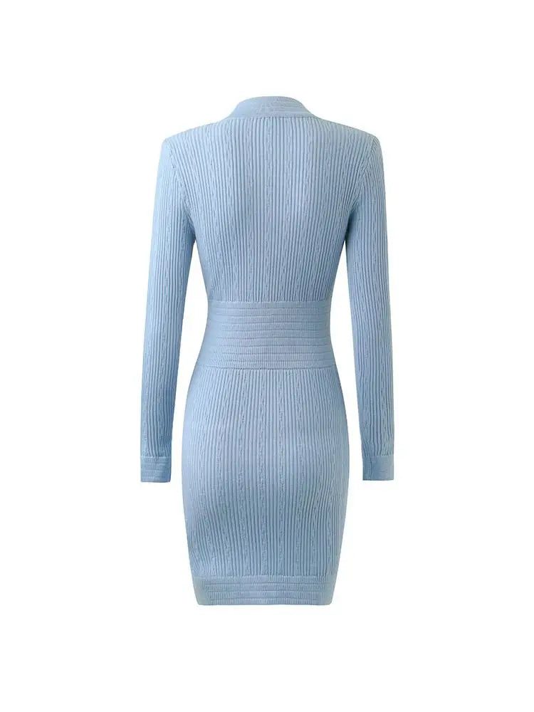 Women's Long Sleeve Sexy Deep V Neck Single Breasted Knitted Dress