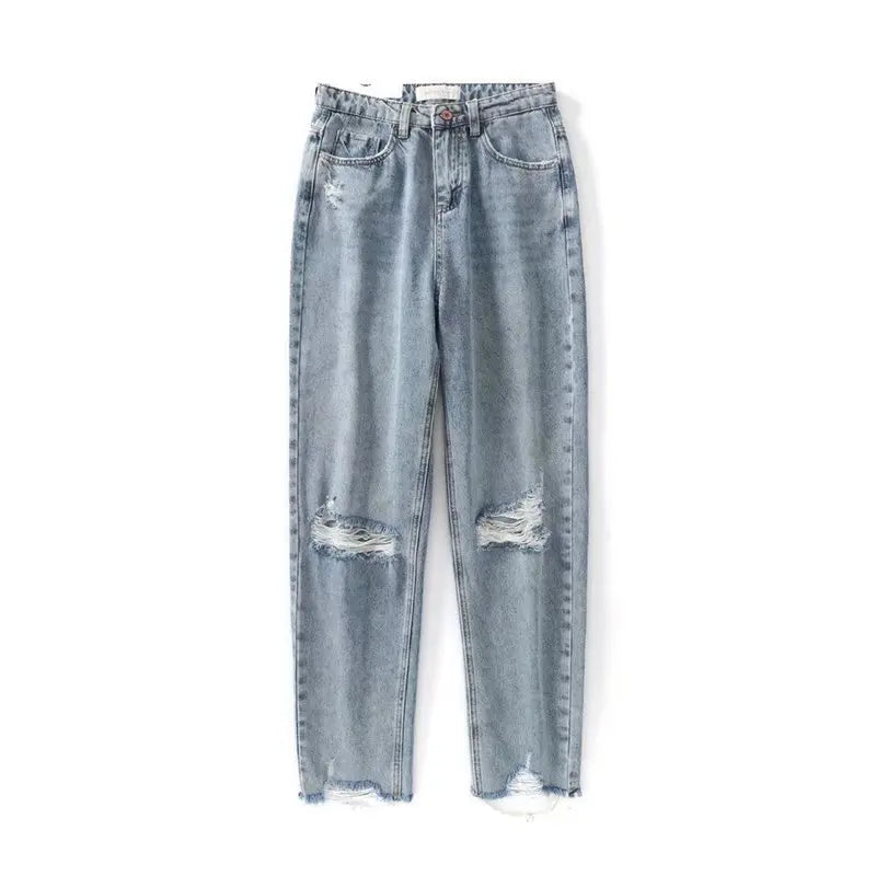 Spring Autumn Ladies High Waist Trousers Pothole Light Blue Elegant Women Chic Denim Pants