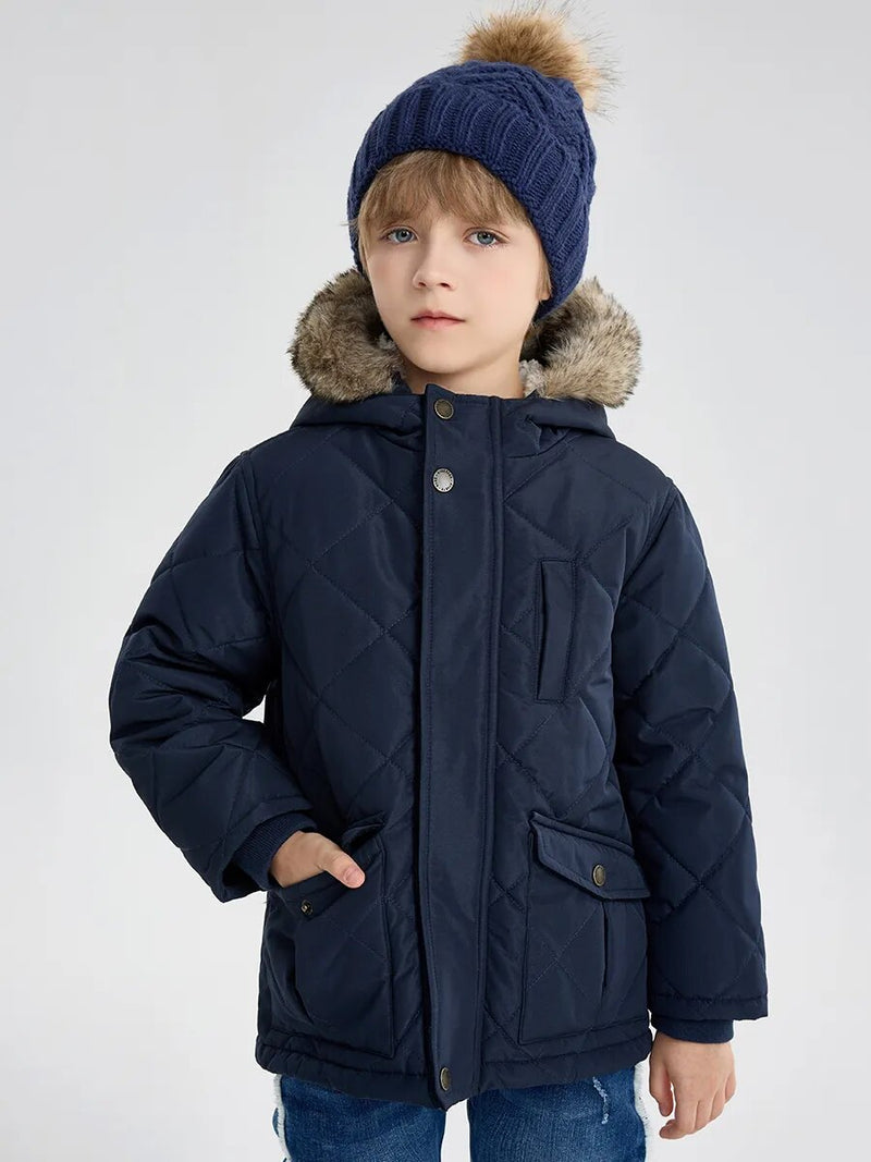 Little Boys Winter Jacket Toddler Kids Puffer Faux-Down Sherpa Lined Fur Hood Mid-Weight Water-Resistant Coat