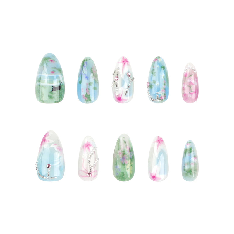 Fresh Almond Nails with Flower Charming Comfortable to Wear Manicure Nails for Women