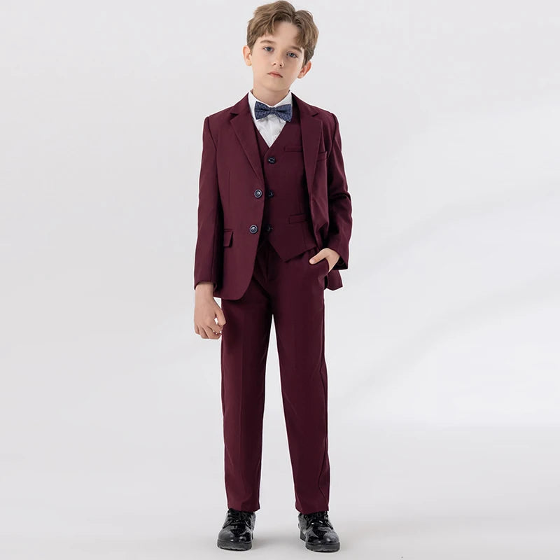 Child Autumn Formal Wine Red Suit Set Kids Performance Host Wedding Party Photography Costume Kids Blazer Vest Pants Bowtie