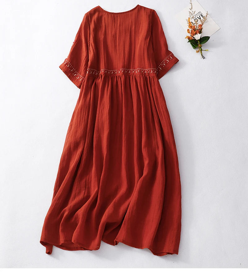 Floral Embroidery Dress for Women Vintage Big Swing Summer