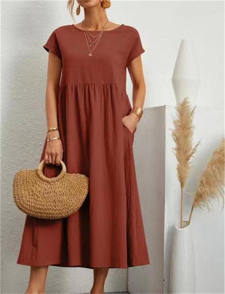 Women Short Sleeve Maxi Dresses Women O Neck Cotton Linen Long Dress Casual Loose Dress with Pocket