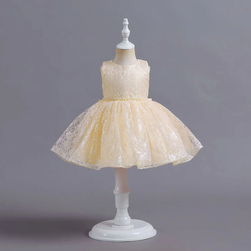 Pearl Belt Baby Girl Dress Wedding Bridesmaid Birthday Party Dress for Kids Hollow Flower