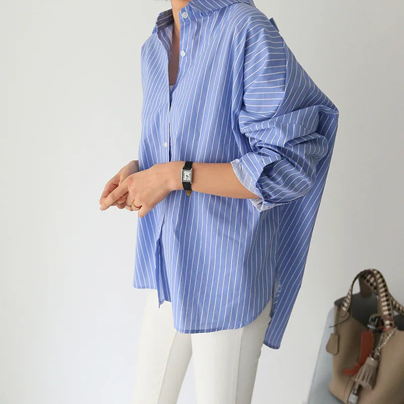 Spring  Casual Striped Shirt Women's Long Loose Irregular Full Blouse