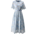 Embroidery Dress Women Short-Sleeved High Waist Lace-UP Summer Ball Gown Dresses