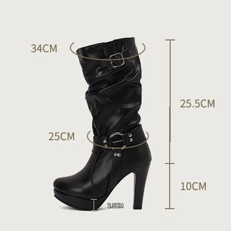 Mature Women Mid Calf Boots Pleated Round Toe High Heels 10cm Platform 2.5cm Zipper