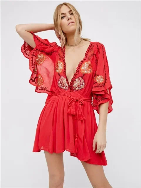 Summer Embroidery Flower Dress Romantic Short Split Dress Boho Holiday Mini Dress A-line