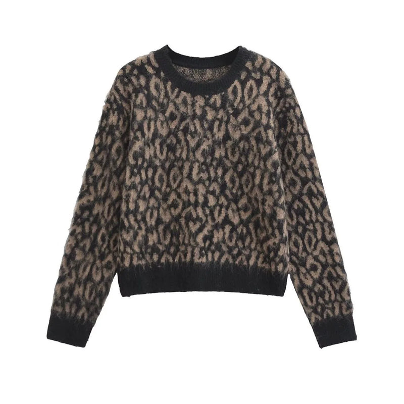 Women American leopard round neck sweater knit top for autumn and winter