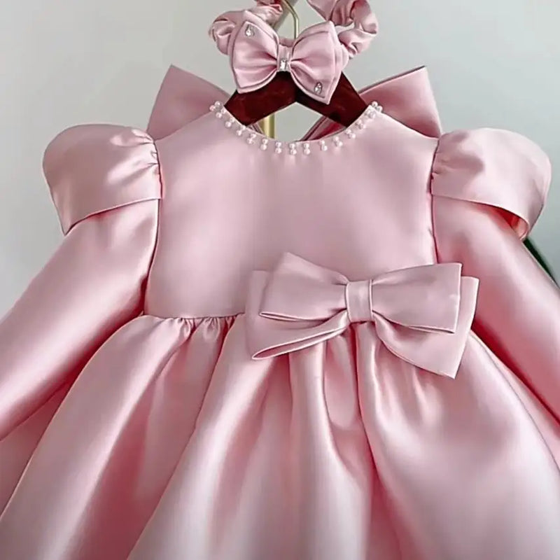 Children's Pink Princess Evening Gown kids Bow Pearls Design Wedding Birthday Baptism Party Dress