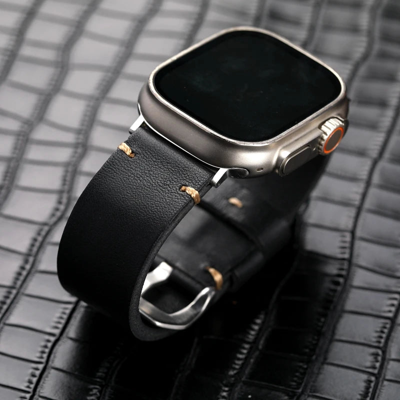 Handmade Black Leather Watchband For Apple iwatch 8/7 Ultra Men Vintage Bracelet