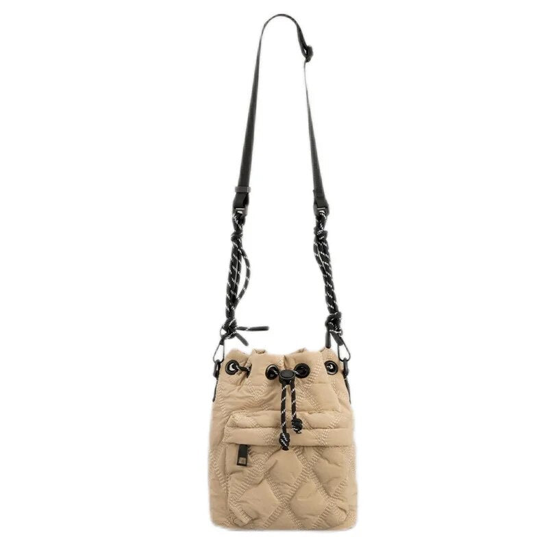 Casual Nylon Padded Women Shoulder Bags Quilted Drawstring Crossbody Bag Vintage Bucket Bag Small Tote Female Purses Winter