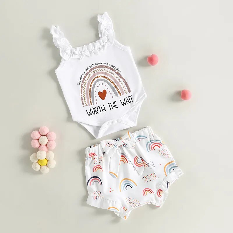 Baby Girls Summer Clothes Sets Ruffles Sleeveless Rainbow Letter Print Bodysuits Bowknot Shorts Casual Outfits