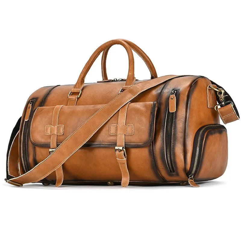 Leather travel bag for men's retro leather fitness bag leather handbag with shoe compartment luggage bag