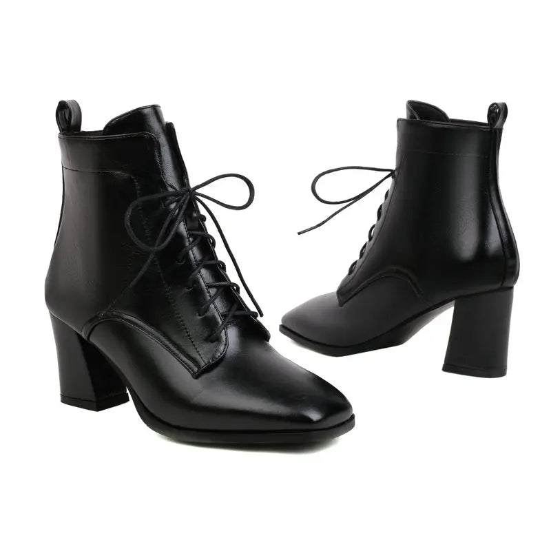 Winter Spring Ladies Pumps Cross-tied Lace-up Mature Women Thick High Heels Oversized Ankle riding Boots