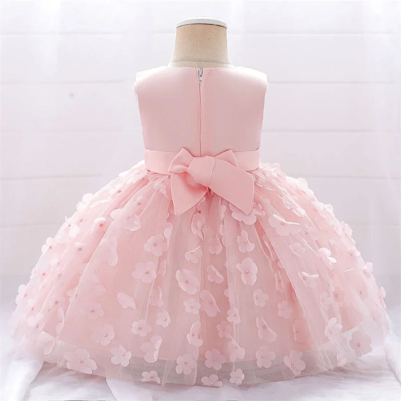 Baby Girls Dresses Long Sleeve Bow Birthday Gown Infant Party Pearl Princess Baptism Toddler