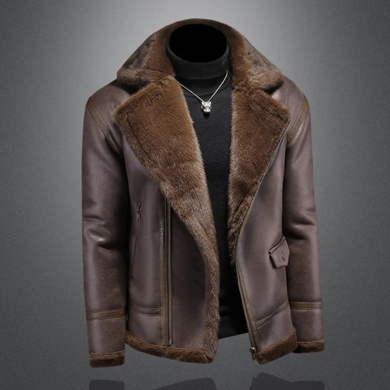 Men Leather Patchwork Fleece Jackets Winter Motorcycle Coats for Male