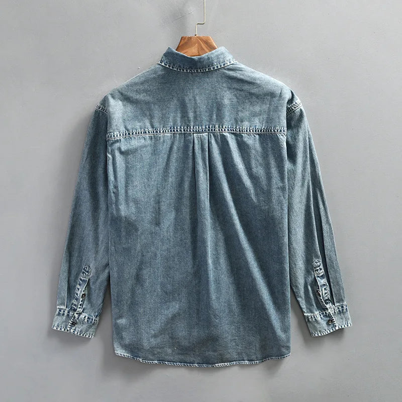 Spring Denim Shirts Man Vintage Blue Lapel