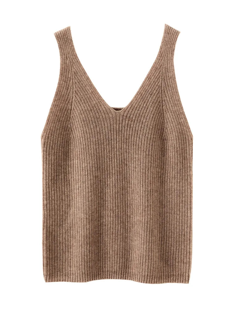 Cashmere Warm Basics Camisole Women's V Neck Sleeveless Solid Top Elegant Vest