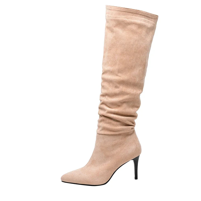 Winter Women Knee High Slouch Boots Hot Pointed Toe High Heels Lady Shoes