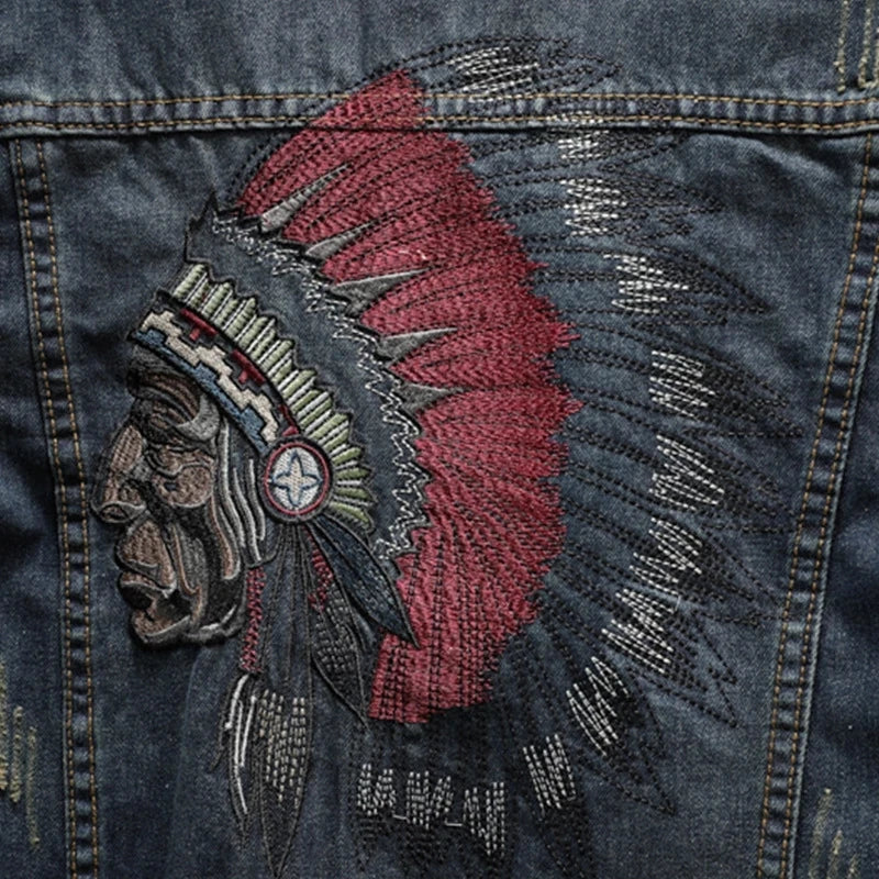 Men Denim Jacket Embroidery Ripped Casual Motorcycle Outwear Male Clothes