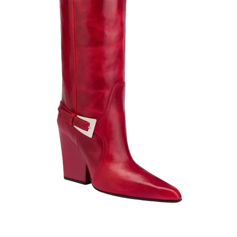 Autumn and Winter Long Boots with Square Toe Thick Heel One Foot Belt Buckle Knee High Boots