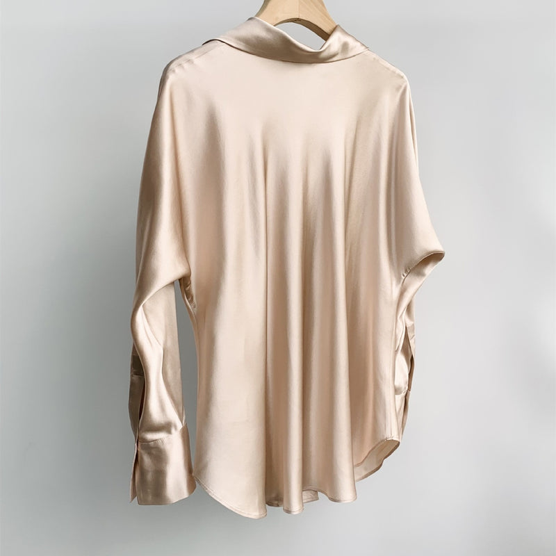 Elegant Ladies Solid Color Silk Satin Shirt Spring New Women Lantern Sleeves Single-Breasted Turn-Down Collar Blouse