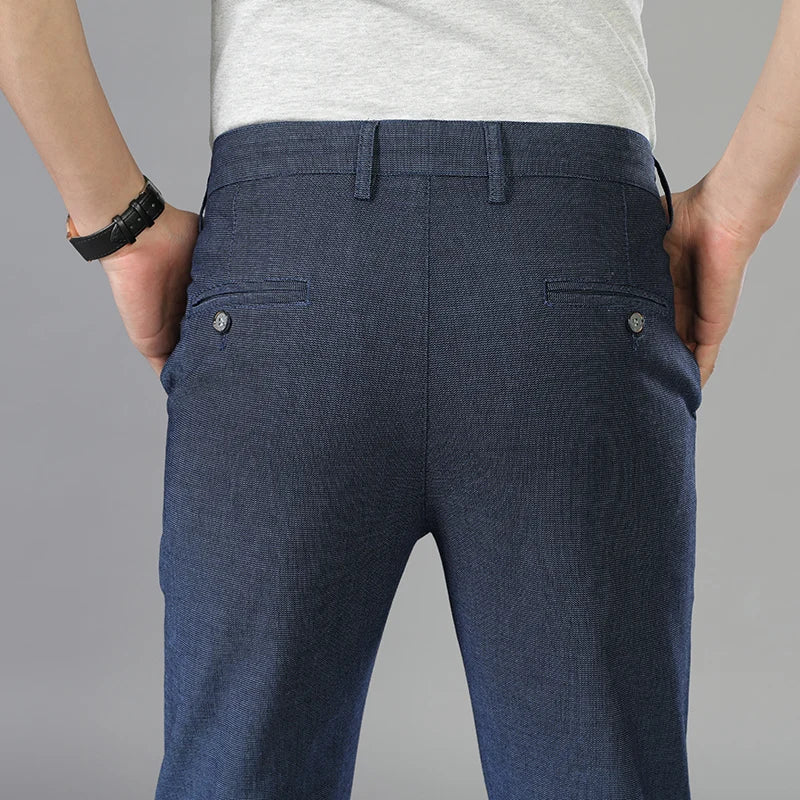 Autumn Winter Casual Pants Men Classic Style Straight Slim Thick High Waist Elastic Trousers