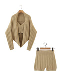 Autumn Winter Knitted Suit Women Casual Slim Chic Knitted Cardigan + Short Camisole Crop Top + High Waist Shorts Female