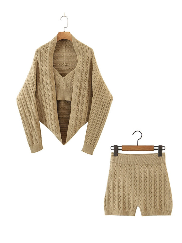 Autumn Winter Knitted Suit Women Casual Slim Chic Knitted Cardigan + Short Camisole Crop Top + High Waist Shorts Female