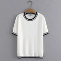 Women T-Shirt Summer Short Sleeve Striped Ice Knitted Tops Loose Tees Oversized Curve Clothes