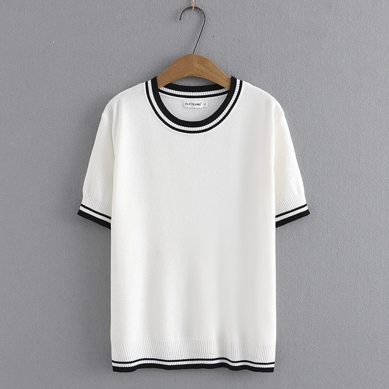 Women T-Shirt Summer Short Sleeve Striped Ice Knitted Tops Loose Tees Oversized Curve Clothes