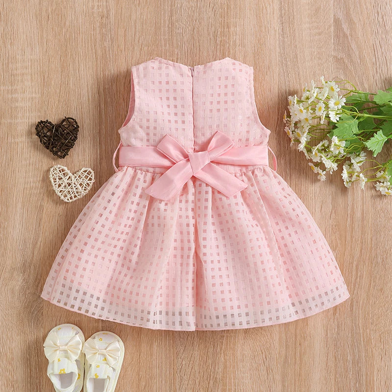 Princess Infant Baby Girls Party Dress Solid Plaid Sleeveless Sundress With Bowknot Belt