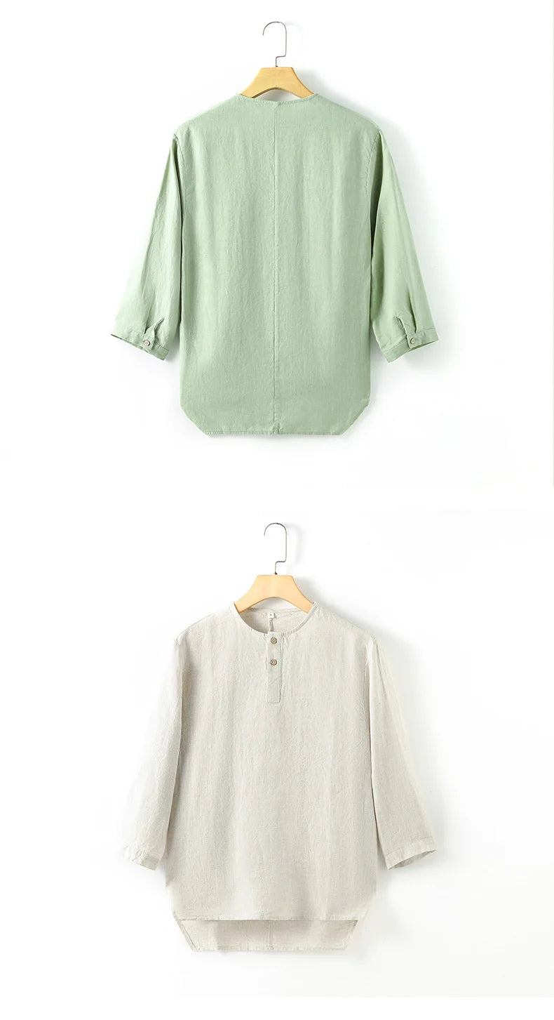 Summer Casual Linen Tee Men Simple Round Neck T-shirt Loose Breathable Tops Styles